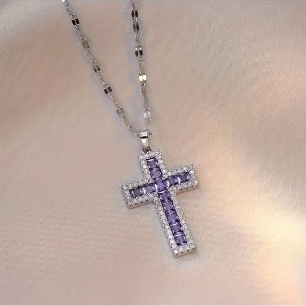 Purple Amethyst & Diamond Religious Cross Silver Toned Necklace - Picture 2 of 2